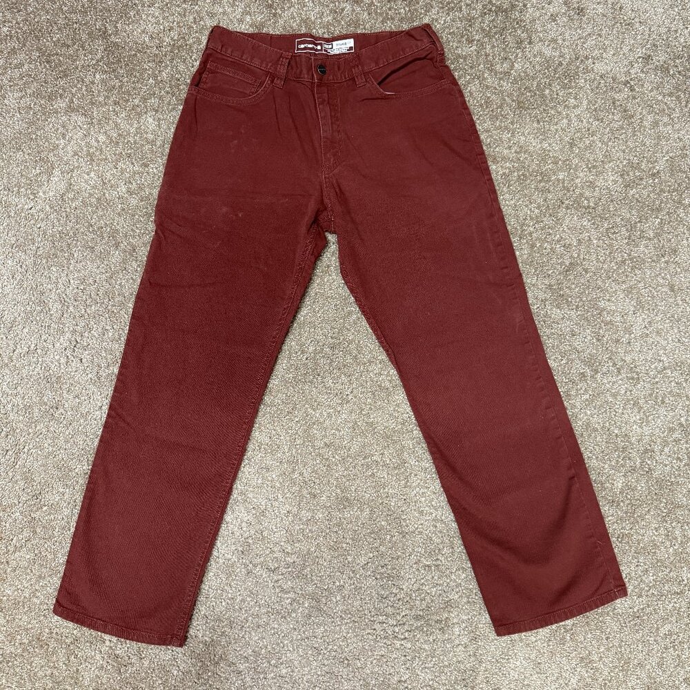 Carhartt Rugged Flex Canvas Work Pants Men 33x30 Maroon Straight Leg Relaxed Fit